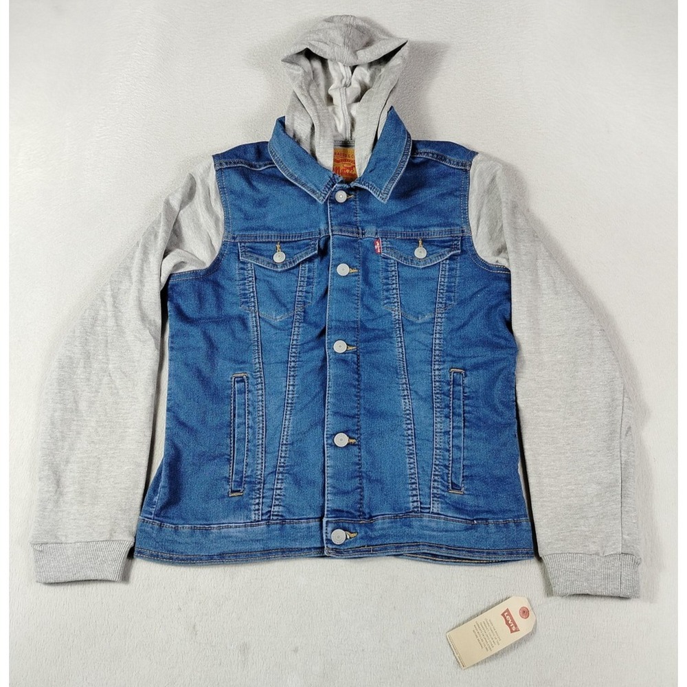 Levis Jacket Youth XL 13-15 Blue Denim Hooded Colorblock Sweatshirt Sleeves